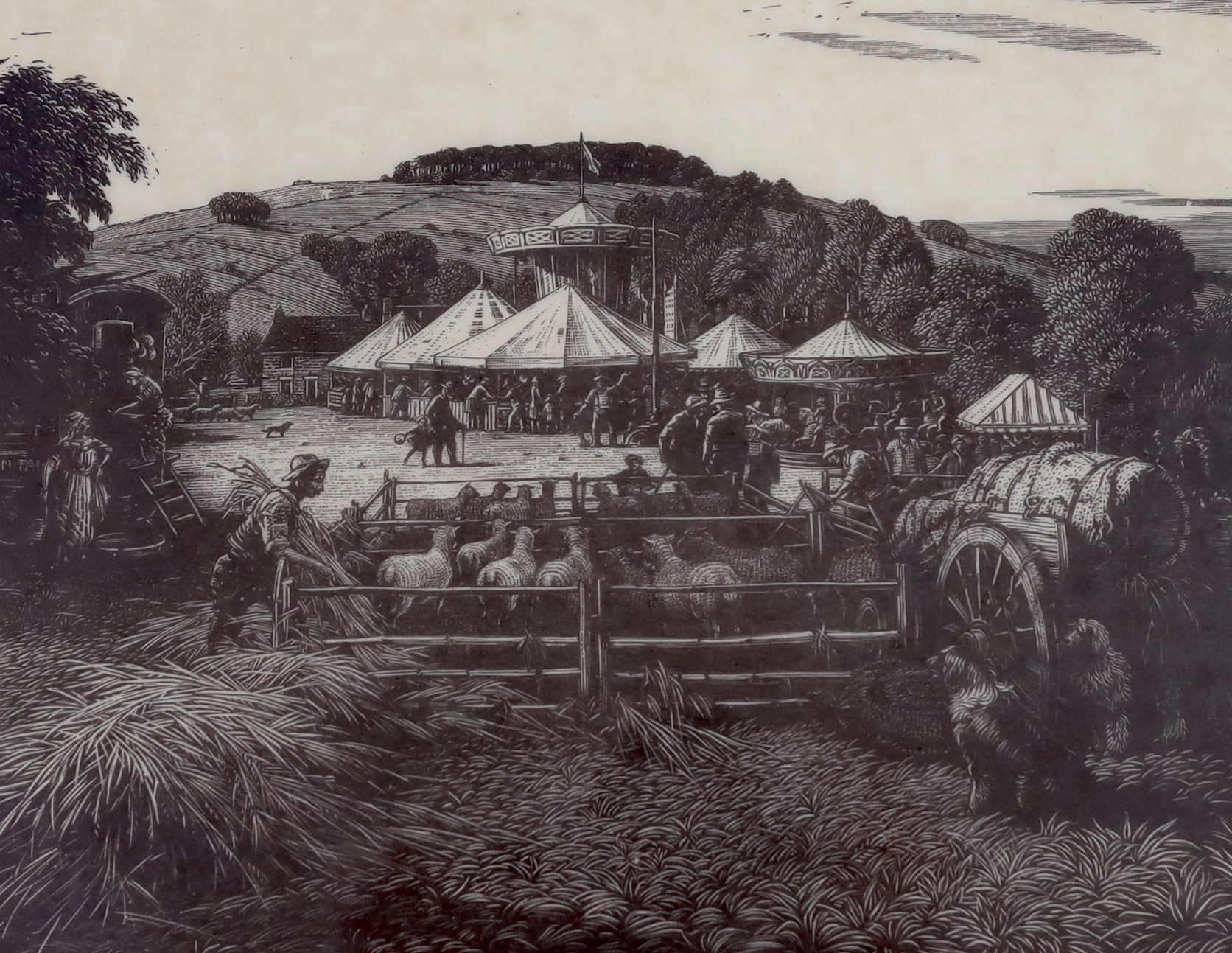 Charles William Taylor (1878-1960), wood engraving, 'Findon Sheep Fair, Sussex', signed in the block, 22 x 28cm